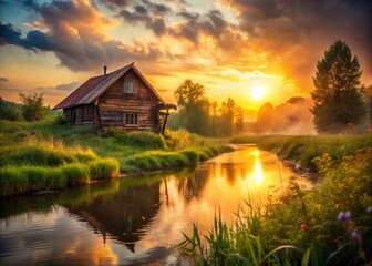 Fototapeta premium Rustic Riverbank House, Bokeh Evening, Old Building, Water Reflection, Twilight Scene