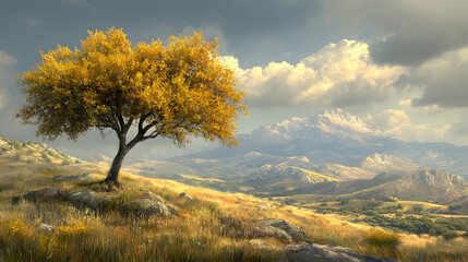 Fototapeta premium Golden autumn tree on hillside, mountain background, scenic landscape, nature wallpaper