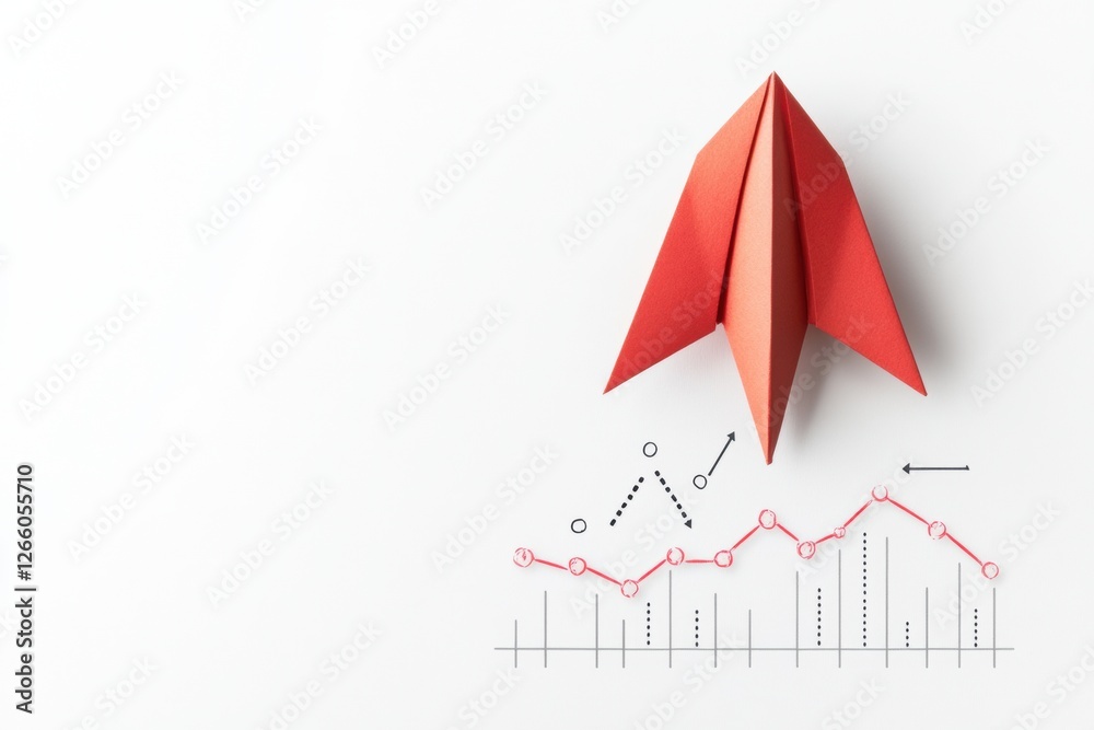 Poster red paper plane symbolizes business strategy and innovation with graphs indicating growth and succes