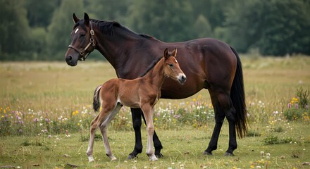 Fototapeta premium Adorable Baby Horse with Mother in Pasture – Heartwarming Bond Between Mare and Foal in Natural Setting