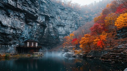 Fototapeta premium Autumn landscape with reflections in a lake, mountains, and trees, for travel