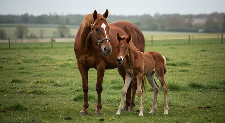 Fototapeta premium Adorable Baby Horse with Mother in Pasture – Heartwarming Bond Between Mare and Foal in Natural Setting