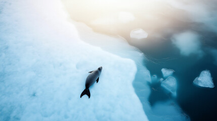 Fototapeta premium Seal resting on a patch of ice surrounded by blue water during the golden hour above the Arctic Ocean. Generative AI