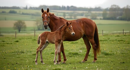 Fototapeta premium Adorable Baby Horse with Mother in Pasture – Heartwarming Bond Between Mare and Foal in Natural Setting