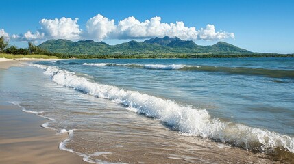 Naklejka premium Tropical beach waves lapping shore with distant mountains