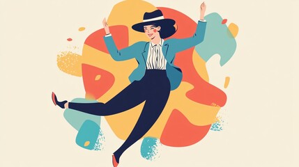 Obraz premium Cheerful Businesswoman in Bowler Hat Expressing Joy