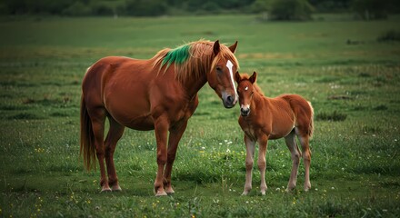 Fototapeta premium Adorable Baby Horse with Mother in Pasture – Heartwarming Bond Between Mare and Foal in Natural Setting