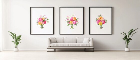Fototapeta premium Triptych of Pink and Yellow Flower Bouquets in Modern White Room Setting