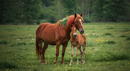 Obraz premium Adorable Baby Horse with Mother in Pasture – Heartwarming Bond Between Mare and Foal in Natural Setting