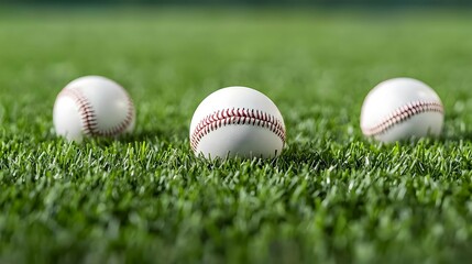 Three Baseballs On Lush Green Grass Field