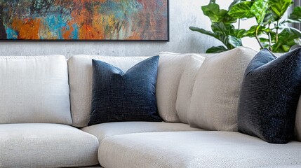 Modern sectional sofa with decorative pillows in a stylish living room with abstract art and a plant. Interior design inspiration