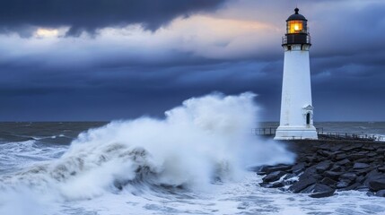 Obraz premium Majestic lighthouse standing tall against turbulent waves during a dramatic sunset