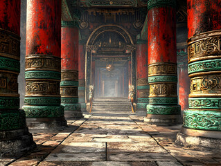 Ancient Chinese Palace Hallway, Majestic Architecture, Mystical Ambiance, Suitable for Wallpaper