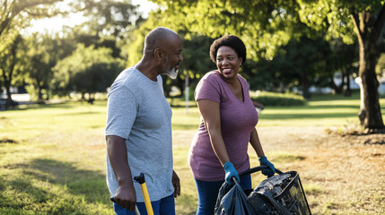 Joyful couple cleaning a park together in the afternoon sun while enjoying each other's company and making a positive impact on the environment. Generative AI