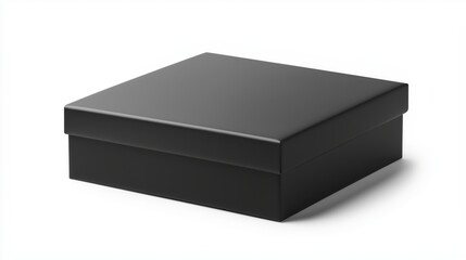 Naklejka premium Square black box closed with lid casting a subtle shadow on a clean white background, ideal for showcasing premium product packaging or elegant gift presentation