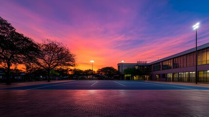 Obraz premium Vibrant Sunset Over City Plaza with Silhouetted Trees