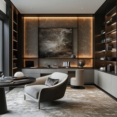 Elegant home office features bespoke furniture and refined decor