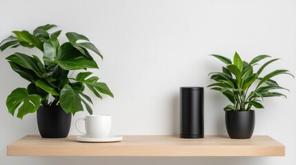 Obraz premium Plants, coffee, speaker on shelf; minimalist home decor