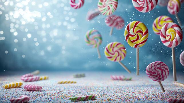 Sweet Delights: Lollipops float amidst candy confetti against a bokeh-lit backdrop