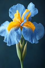 Exquisite iris portrait, vibrant blue and gold bloom with fresh backdrop