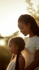 Fototapeta premium Mother and daughter enjoying a serene moment outdoors during sunset. Generative AI