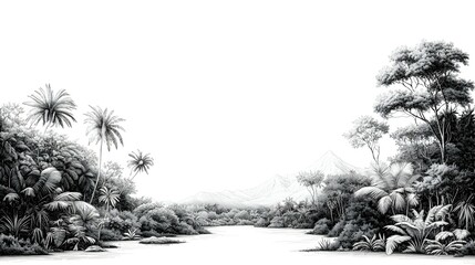 Monochrome Tropical River Landscape