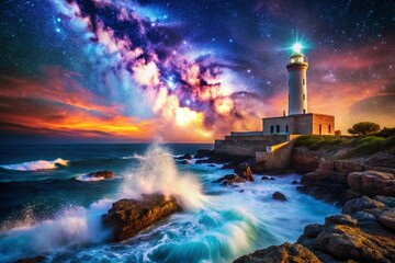 Obraz premium Santa Maria di Leuca Lighthouse Double Exposure: Dramatic Seascape & Celestial Lights