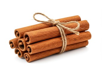 A bundle of dried cinnamon sticks tied with a rustic twine isolated on a white background