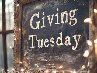 Chalkboard Sign With Giving Tuesday Written in Festive Setting by the Water During Sunset
