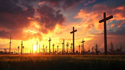 Obraz premium Wooden Crosses In Field At Sunset