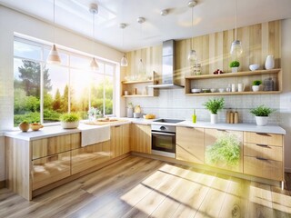 Scandinavian Kitchen: Light Wood Cabinets & Grey Backsplash - Clean Design Stock Photo