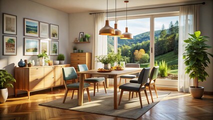 Obraz premium Scandinavian Dining Room: Wooden Furniture, Framed Wall Art, Tilt-Shift Photography