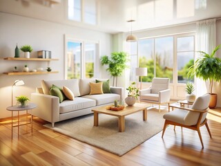 Scandinavian Living Room: White Sofa & Armchairs, Tilt-Shift Photography