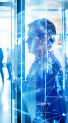 Innovative technology integration in a modern office setting focusing on digital connections and data visualization. Generative AI