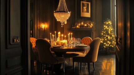 Elegant christmas dining room illuminated by candlelight and chandelier