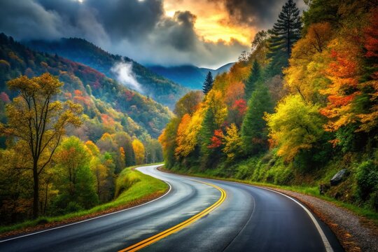 Scenic Two-Lane Road Winding Through Smoky Mountains, Tennessee