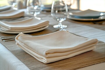 A set of clean, folded cloth napkins with a table setting
