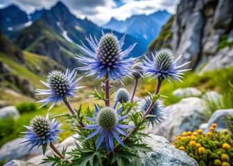Obraz premium Sea Holly (Eryngium maritimum) Thriving Unexpectedly in Innsbruck's Alpine Gardens