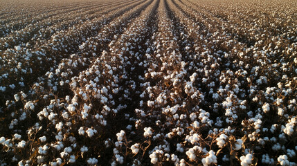 Cotton field ready for harvest during sunset, showcasing rows of blooming cotton flowers in rural landscape. Generative AI