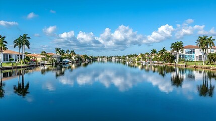 Obraz premium Reflecting Canal Homes Under a Sunny Sky