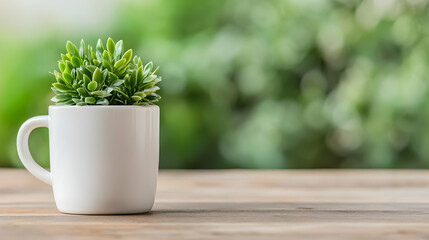 Small plant in mug on wooden desk, green background, office decor