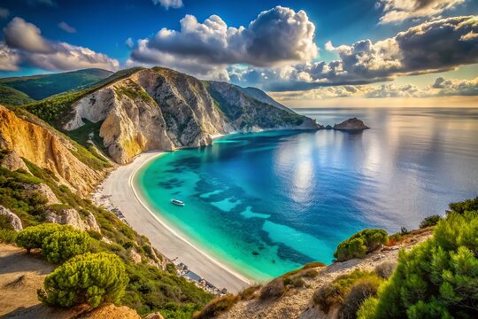 Secluded Platia Ammos Beach, Lixouri, Kefalonia, Greece: Panoramic Bay View