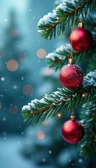 Fototapeta premium Sparkling snow-dusted pine boughs & ornaments, winter, christmas background, decorations