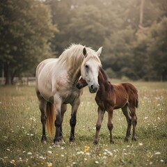 Obraz premium Adorable Baby Horse with Mother in Pasture – Heartwarming Bond Between Mare and Foal in Natural Setting
