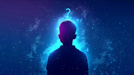 Obraz premium Bright silhouette of a boy gazing into a mesmerizing cosmic backdrop with glowing stars. Generative AI