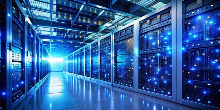 Secure Server Room: Glowing Data Storage Units in Cool Blue and White Light - Candid Photography