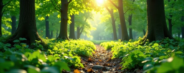 Obraz premium Sunlight dappled forest floor, vibrant green leaves, spring blooms , green, image, vegetation