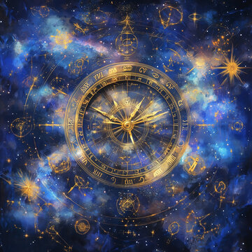 Astrological zodiac clock glowing in deep cosmic galaxy background with stars

