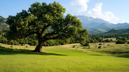 Majestic oak tree in mountain valley meadow