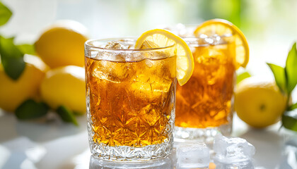 Refreshing orange iced tea in crystal glasses with citrus slices and ice cubes on a sunny day